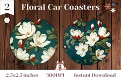 Magnolia Flowers Car Coaster PNG, Flowers Sublimation Design Product Image 1