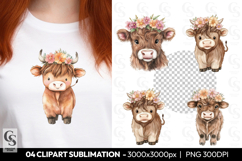 Highland Cow With Flower Crown Clipart Sublimation PNG Product Image 1