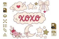 XOXO Coquette Valentine Clipart PNG SVG, Pink Bow Moon Stars Product Image 1