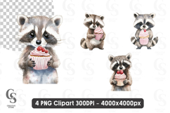Watercolor Raccoon hold cupcake clipart sublimation png Product Image 1