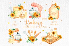 Watercolor bakery clipart, Hand drawn bakery logo PNG set Product Image 1