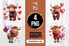 Highland Cow Valentine Hearts Cute Illustration PNG Product Image 1