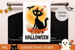 Vintage Halloween Black Cat Towel, Happy Halloween PNG Product Image 1