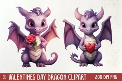 Watercolor Valentine's Day Dragon Clipart, Dragon Watercolor Product Image 1
