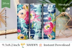 Cute Flowers Tumbler Wrap, Blue Stripes Tumbler Design Product Image 1