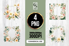 Watercolor Floral Square Wreath Frame Clipart PNG Product Image 1