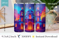 Mexican Tumbler Wrap Design, Neon Castle Tumbler Design Product Image 1