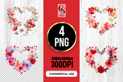 Watercolor Red Floral Heart Wreath Clipart Sublimation PNG Product Image 1