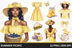 Summer Picnic Clipart Watercolor Yellow Dress Girls Vintage Product Image 1