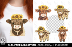 Highland Cow With Sunflower Crown Clipart Sublimation PNG Product Image 1