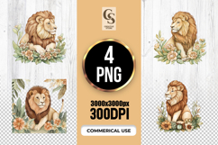 Watercolor Floral Lion Art Clipart Sublimation PNG Product Image 1