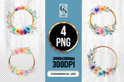 Watercolor Floral Wreath Frame Clipart Sublimation PNG Product Image 1
