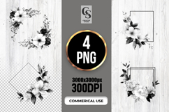 Black White Floral Minimal Frame Clipart Sublimation PNG Product Image 1
