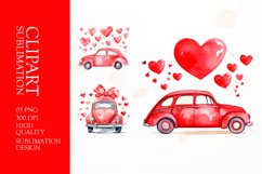 Valentines Day watercolor Red Car Clipart Product Image 1