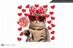 Valentine Cat With Hearts Glasses And Lollipop PNG Product Image 1