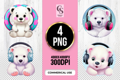 Cute Polar Bear Headphones Clipart Sublimation PNG Product Image 1