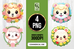 Cute Floral Animal Faces Clipart Sublimation PNG Product Image 1