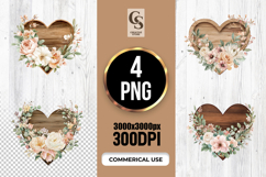 Watercolor Floral Wooden Heart Frame Clipart Sublimation PNG Product Image 1
