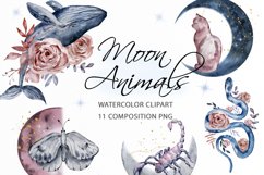 Watercolor Moon animals composition clipart Product Image 1