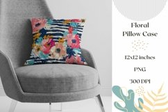 Watercolor Flowers Pillow Case Design, Blue Stripes Pillow Product Image 1