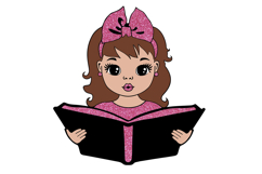 Cute Girl Reading Book SVG PNG PDF Clipart Glitter Pink Bow Product Image 1