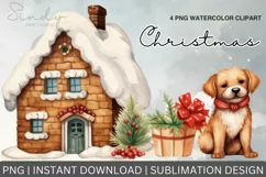 Christmas Dog and House, Watercolor Clipart Sublimationchris Product Image 1