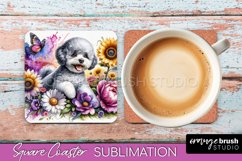 Bichon Frise Square Coaster Dog Sublimation Floral PNG Product Image 1