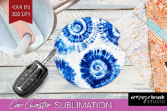 Blue Tie Dye Car Coaster - Shibori Coaster PNG Sublimation Product Image 1