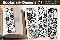 Black and White Floral PNG Bookmark Sublimation Designs Product Image 1