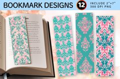 Pink &amp; Teal Damask PNG Bookmark Sublimation Designs Product Image 1