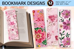Pink Embroidery Flowers PNG Bookmark Sublimation Designs Product Image 1
