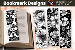 Black and White Floral PNG Bookmark Sublimation Designs Product Image 1