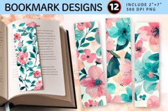 Pink &amp; Teal Watercolor Flowers PNG Bookmark Sublimation Desi Product Image 1