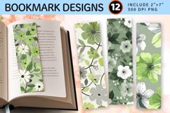Green &amp; Grey Flowers PNG Bookmark Sublimation Designs Product Image 1