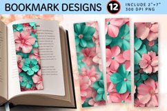 Pink &amp; Teal 3D Flowers PNG Bookmark Sublimation Designs Product Image 1