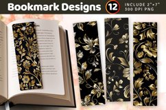 Black and Gold Floral PNG Bookmark Sublimation Designs Product Image 1