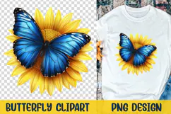 Blue Butterfly On Sunflower Clipart. Butterflies Sublimation Product Image 2