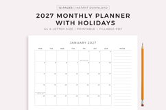 2027 Monthly Planner with Holidays, Landscape, Printable Product Image 1