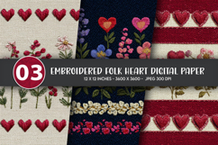 Embroidered Folk Heart Digital Paper Product Image 1