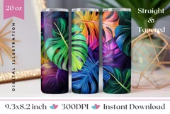 Neon Tropical Leaves Tumbler Wrap Design, Colorful Tumbler Product Image 1