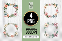 Watercolor Floral Wreath Frame Clipart Sublimation PNG Product Image 1