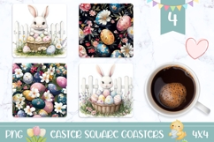 Easter Bunny Square Coasters, Cartoon Easter Eggs Print Product Image 1