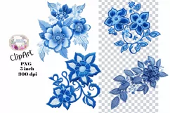 Embroidery, Flowers, Lace, Elements, Clipart, Blue, PNG Product Image 1