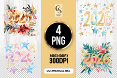 Year 2026 Floral Star Watercolor Clipart Sublimation PNG Product Image 1