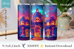 Colorful Tumbler Wrap Design, Neon Castle Tumbler Design Product Image 1