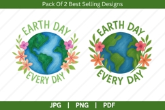Digital PNG design featuring a hand-painted illustration of planet Earth with green continents and blue oceans, encircled by vibrant pink, orange, and purple flowers with leafy accents. The text &quot;Earth Day&quot; appears above and &quot;Go Planet!