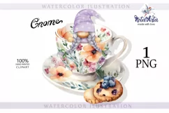Watercolor gnome in a mug of tea with cookies, Gnome PNG Product Image 1
