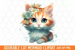 Adorable Cat Mermaid Clipart, Watercolor Clipart Product Image 1