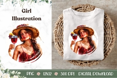Summer Girl Illustration, Cartoon Girl PNG, Wine PNG Product Image 1