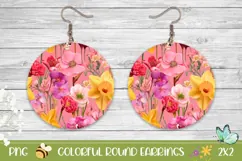 Pink Round Earrings, Colorful Flowers Earrings Design Product Image 1